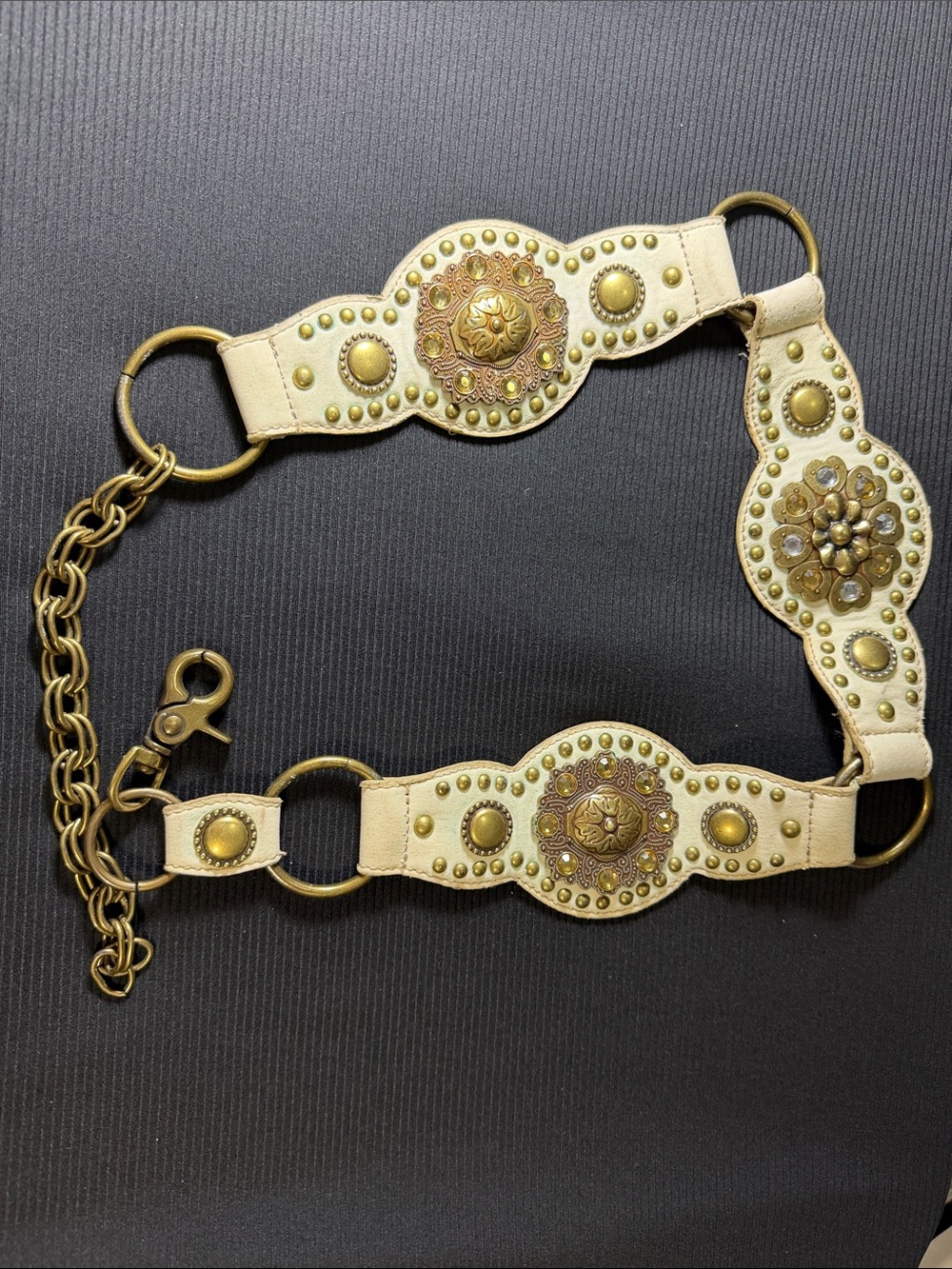 As Is !!!!!!!Kathy Van Zeeland Cream Leather Belt with Brass Medallions